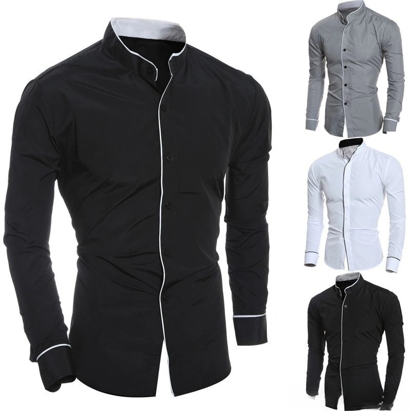 Mandarin Collar Formal Shirt Slim Fit - เสื้อเชิ้ตแขนยาวผู้ชายทรงเข้ารูป สีพื้น ผ้าคุณภาพสูง เนื้อผ้านุ่ม สไตล์ลำลองทางการ เหมาะสำหรับงานสังคมและธุรกิจ