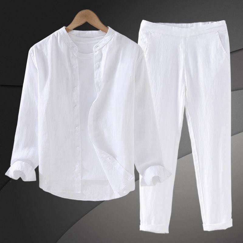 Mens Linen Shirt Long Sleeve - ชุดเสื้อเชิ้ตผ้าฝ้ายลินินน้ำหนักเบา ระบายอากาศได้ดี สำหรับผู้ชาย แขนยาว ชุดลำลองฤดูร้อน ชุดทำงาน