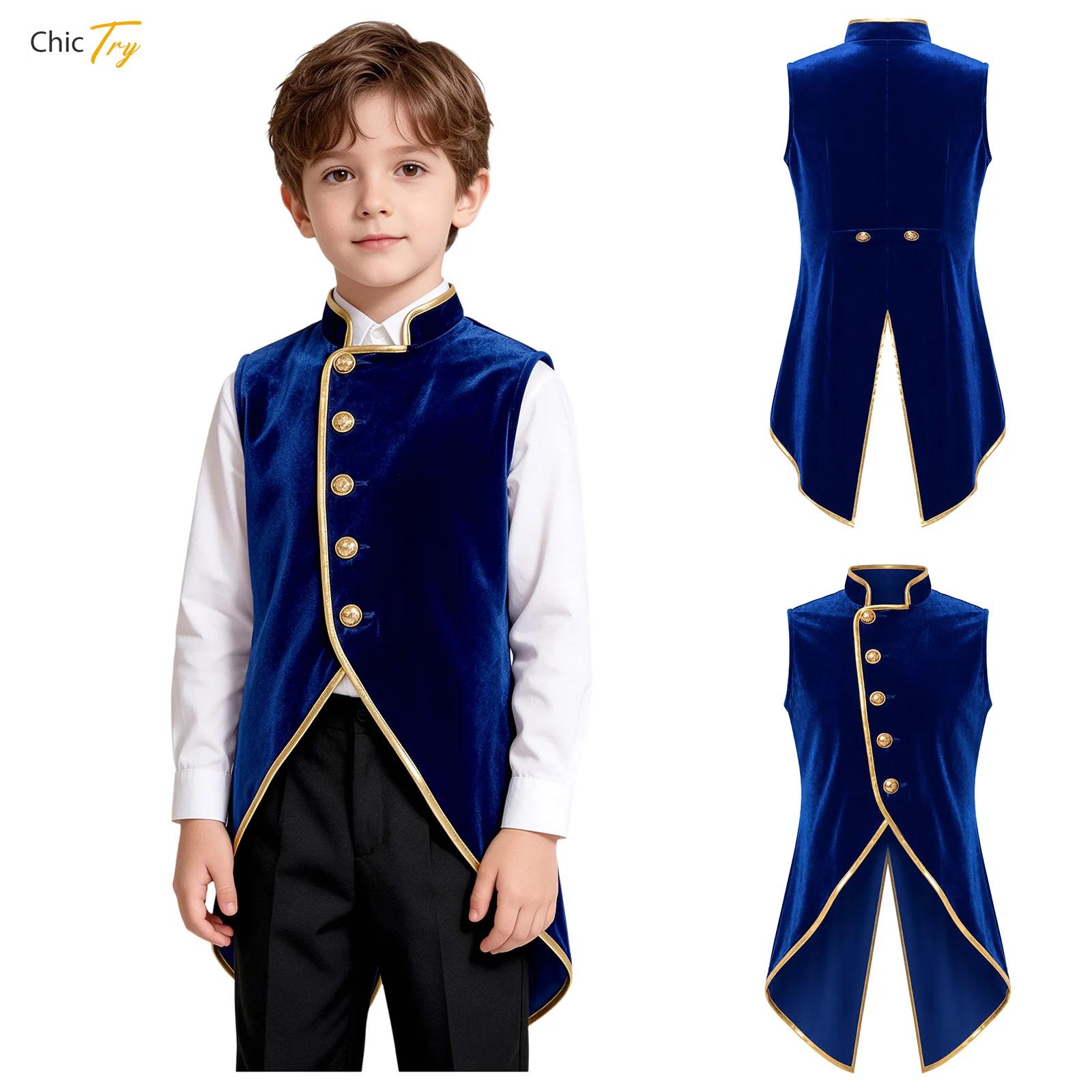 Jackets - เสื้อแจ็คเก็ตท้ายโค้ทกำมะหยี่สไตล์ยุคกลางสำหรับเด็กผู้ชาย เสื้อคลุมตัวนอกวินเทจ แต่งขอบเมทัลลิก เสื้อกั๊กสไตล์วิคตอเรียน สตีมพังก์ กอธิค