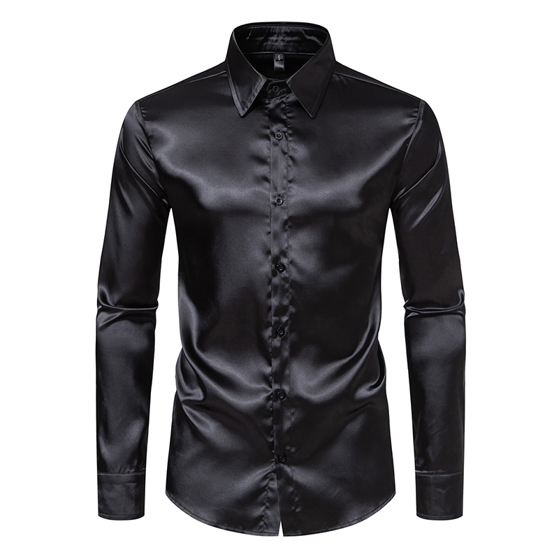 Mens Satin Silk Dress Shirt - ผู้ชายสีดําซาตินหรูหราชุดเสื้อแฟชั่น Silk Smooth Tuxedo เสื้องานแต่งงาน Party