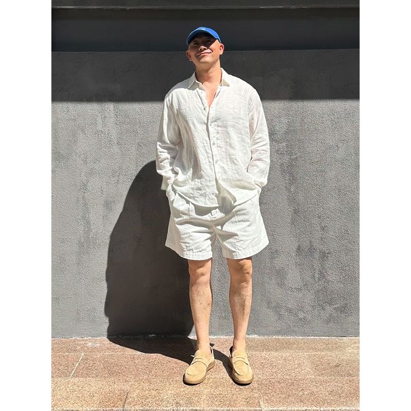 Mens Linen Shirt Long Sleeve - ชุดเสื้อเชิ้ตผ้าลินินป้องกันแสงแดดและกางเกงขาสั้นสไตล์สปอร์ตสำหรับผู้ชาย ดีไซน์หรูหราเบาๆ เหมาะสำหรับฤดูร้อน แขนยาว ใส่สบายๆ สำหรับหนุ่มๆ