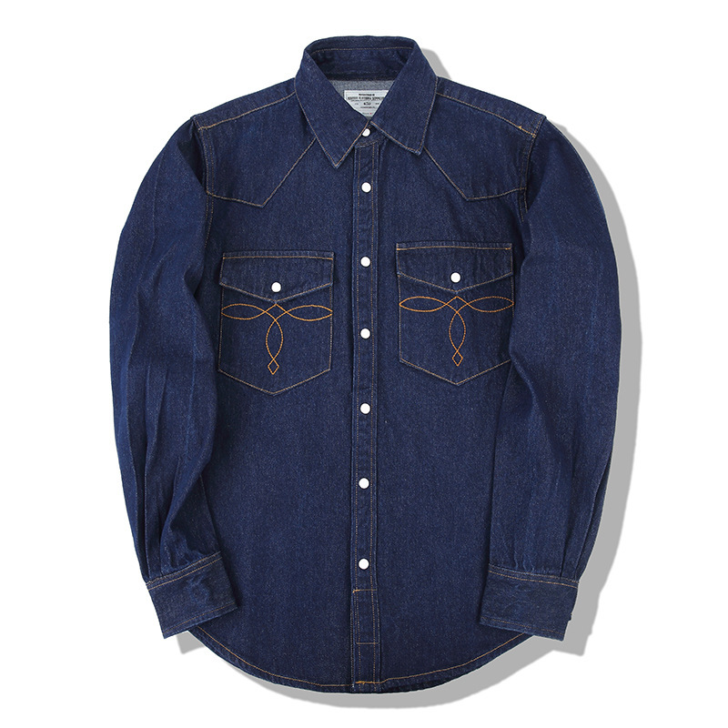 Mens Western Denim Pearl Snap Shirt - เสื้อเชิ้ตยีนส์วินเทจสไตล์อเมริกัน กระดุมมุก แขนยาว ทรงคลาสสิก คาวบอย ผ้าหนา