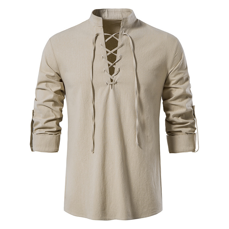 Mens Linen Shirt Long Sleeve - เสื้อเชิ้ตผ้าฝ้ายลินินผู้ชายสไตล์ยุคกลาง คอตั้ง แขนยาวพับได้ แนวเรโทร ไวกิ้ง โจรสลัด