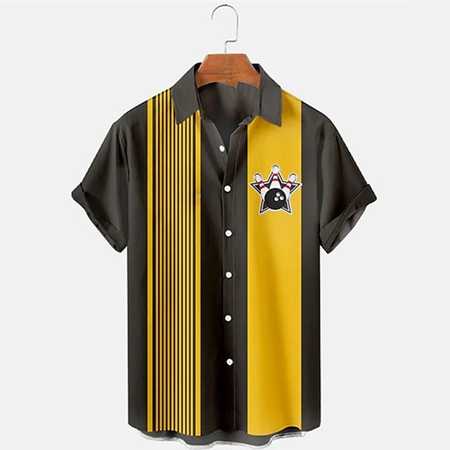 Short Sleeve Bowling Shirt Retro - เสื้อเชิ้ตแขนสั้นลายทางสไตล์โบว์ลิ่งสำหรับผู้ชาย ดีไซน์สปอร์ตย้อนยุค ทรงหลวม เหมาะสำหรับฤดูร้อน ชายหาด และลำลอง