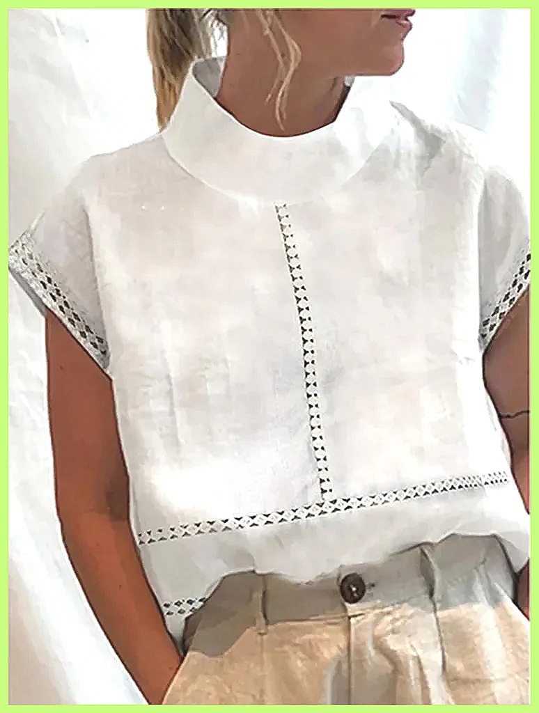 Shirts - เสื้อเชิ้ตผ้าฝ้ายลินินสำหรับผู้หญิง แต่งขอบลูกไม้หรูหรา ทรงเข้ารูป คอตั้ง สำหรับสตรีทแวร์ฤดูร้อน