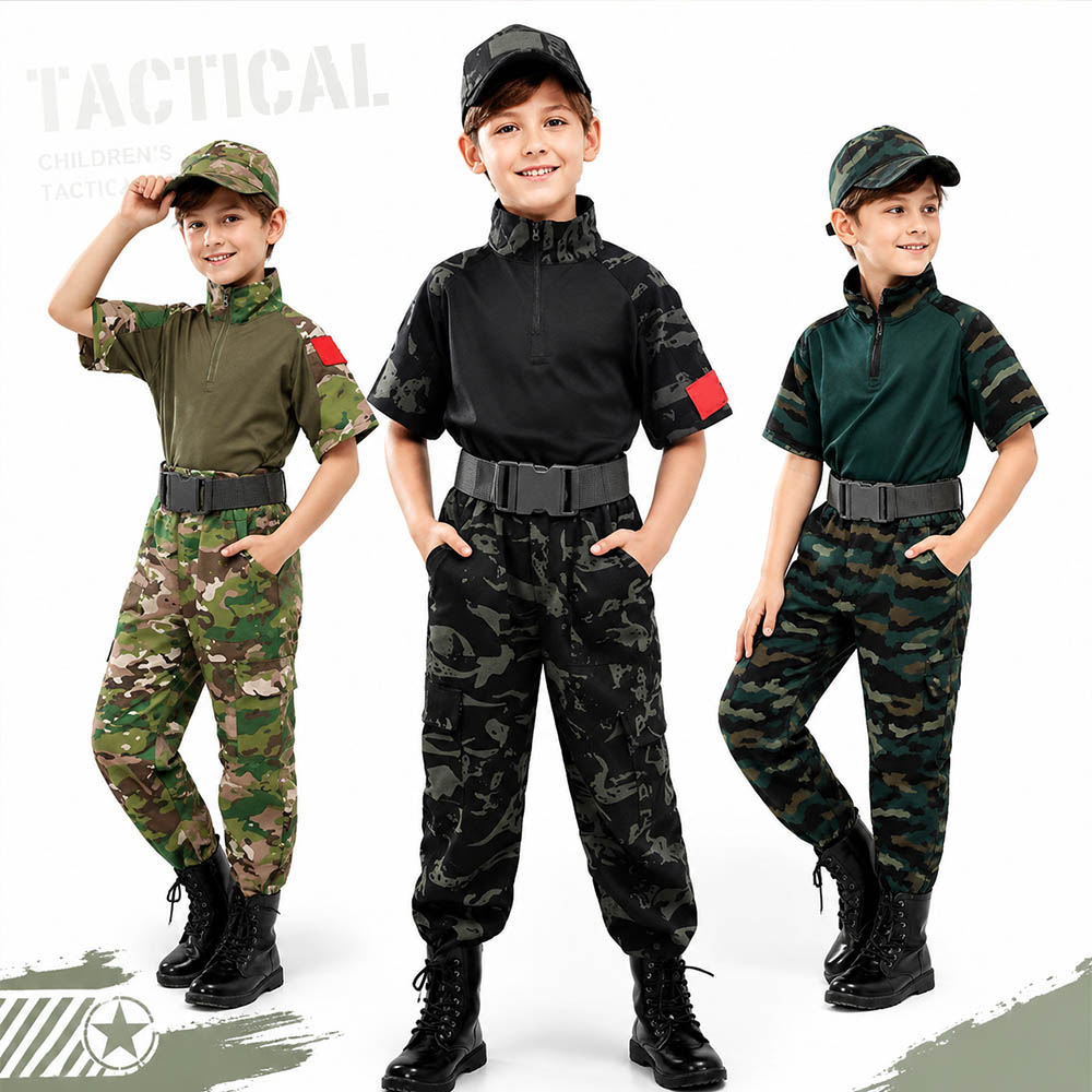Tactical Military Shirt Cargo - ชุดลายพรางเด็ก ชุดทหารแขนสั้น เสื้อยืด กางเกงคาร์โก้พร้อมเข็มขัด ชุดฝึกทหารที่ทนทาน เสื้อผ้ากลางแจ้ง