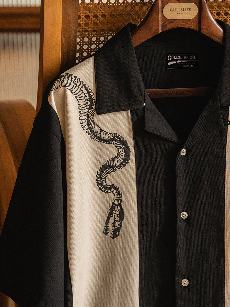 Short Sleeve Bowling Shirt Retro - เสื้อเชิ้ตผู้ชายแขนสั้น ลายพิมพ์ คอปกคิวบา ทรงหลวม สไตล์ลำลอง ย้อนยุค