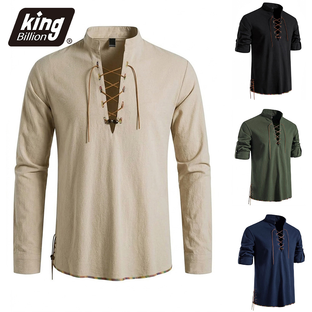 Medieval Gothic Lace Up Pirate Shirt - เสื้อเชิ้ตโจรสลัดยุคกลางสำหรับผู้ชาย สไตล์ไวกิ้ง ผูกเชือก แขนยาว วินเทจ สีพื้น