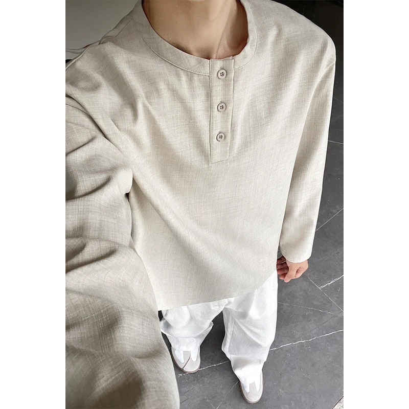 Mens Linen Shirt Long Sleeve - เสื้อเชิ้ตผู้ชายสไตล์ลำลอง ผ้าลินินเทียม แขนยาว คอเฮนลีย์ กระดุม 3