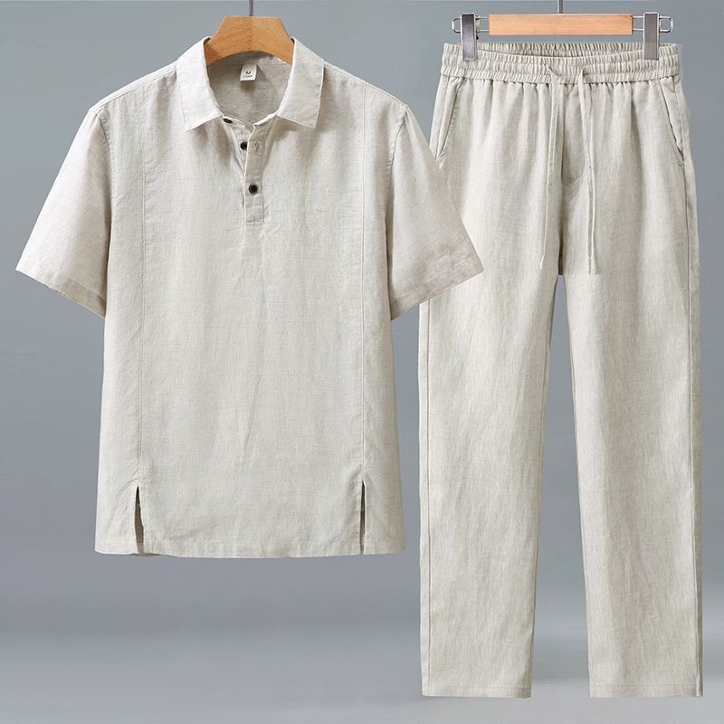 Mens Linen Shirt Long Sleeve - แฟชั่นฤดูใบไม้ผลิ/ฤดูร้อน เสื้อยืดแขนยาวสไตล์เรโทร ชุดผ้าฝ้ายลินินลำลองสำหรับผู้ชาย ไซส์ใหญ่ คุณภาพสูง ชุดสองชิ้น