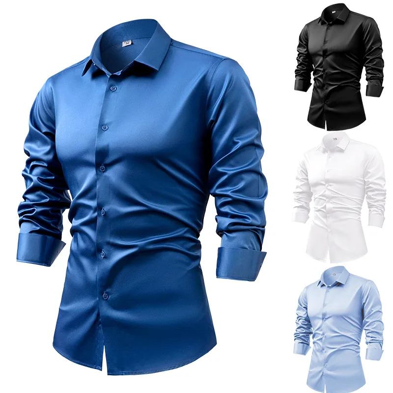 Mens Satin Silk Dress Shirt - 2025 ฤดูใบไม้ผลิฤดูใบไม้ร่วง ROYAL BLUE ผ้าไหมซาตินเสื้อแขนยาวสําหรับชาย,น้ําเงินธุรกิจ Casual