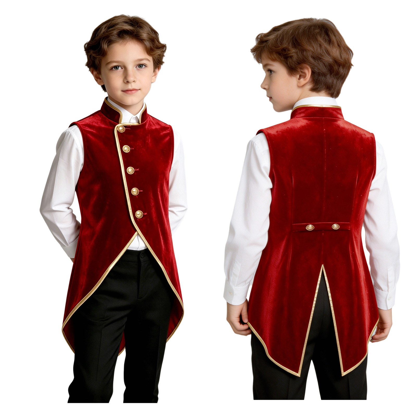 Jackets - เสื้อกั๊กกำมะหยี่สไตล์ยุคกลางแบบเรโทรสำหรับเด็กผู้ชาย ดีไซน์ผ่าหลัง แต่งขอบเมทัลลิก ติดกระดุม ไม่มีแขน เหมาะสำหรับงานปาร์ตี้ธีมฮาโลวีนและงานมาสเคอเรด