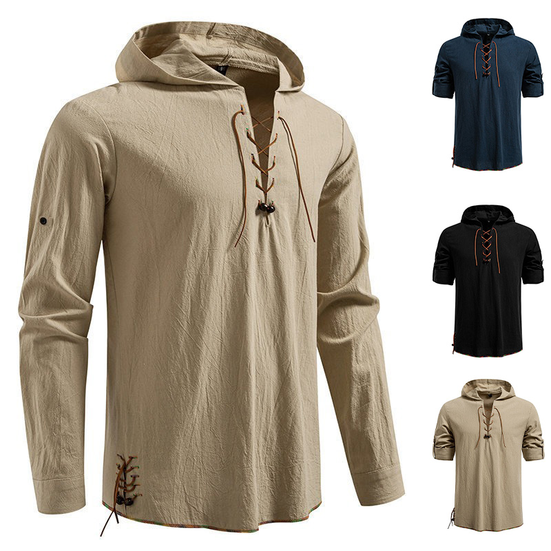 Medieval Gothic Lace Up Pirate Shirt - เสื้อยืดแขนยาวมีฮู้ดสำหรับผู้ชาย ผ้าฝ้าย สไตล์โจรสลัดยุคกลาง คอวีผูกเชือก เสื้อผ้าคอสเพลย์สำหรับงานปาร์ตี้ฮาโลวีนสไตล์เรโทร