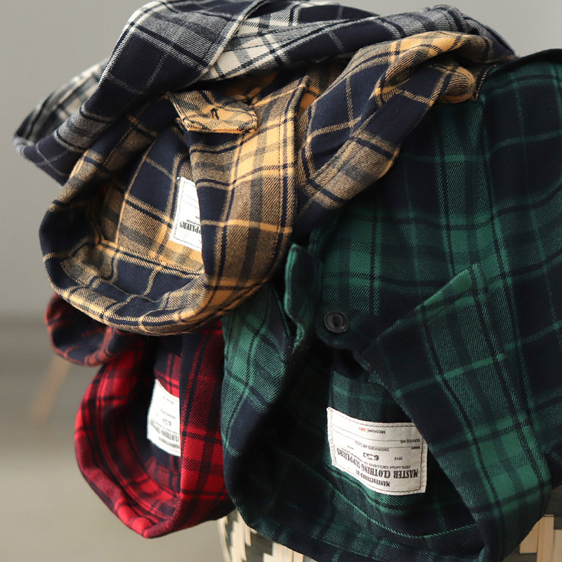 Flannel Plaid Shirt Heavy Weight - ฤดูใบไม้ร่วงใหม่ญี่ปุ่น Retro 300g เฮฟวี่เวทแขนยาวลายสก๊อตเสื้อผู้ชายง่ายล้างกระเป๋าคู่เสื้อลําลอง