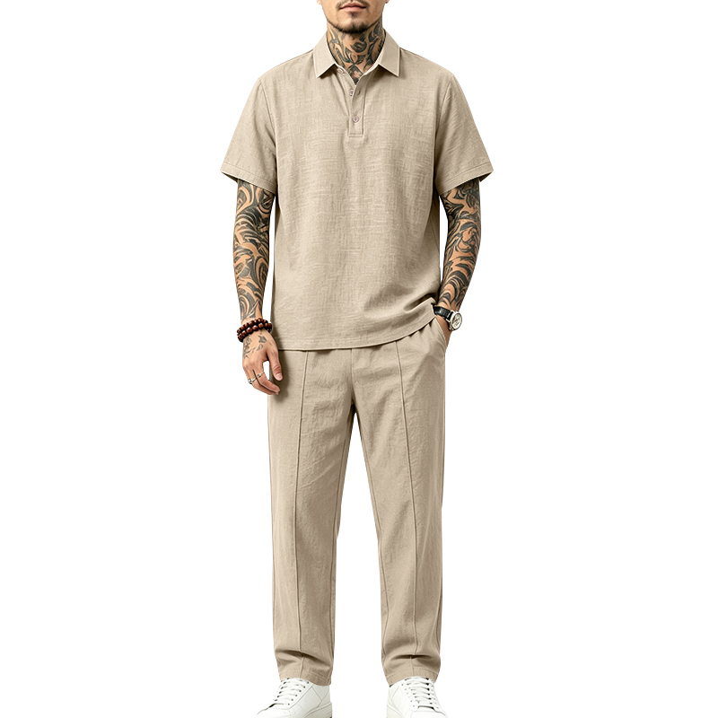 Mens Linen Shirt Long Sleeve - ชุดโปโลชาย 2 ชิ้น เสื้อโปโลแขนสั้นคอปก & กางเกงขายาวทรงตรง