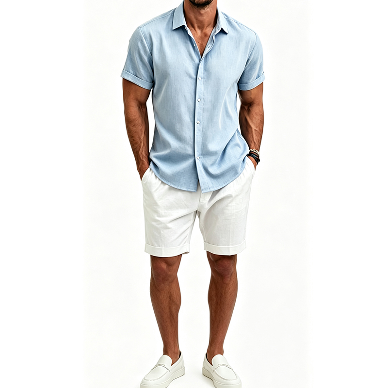 Mens Linen Shirt Long Sleeve - ชุดเสื้อเชิ้ตผ้าฝ้ายลินินสำหรับผู้ชาย ชุดฤดูร้อนเสื้อแขนสั้นและกางเกงขาสั้น ชุดลำลองสีพื้นสำหรับชายหาด ชุดลำลอง 2 ชิ้นสำหรับผู้ชาย