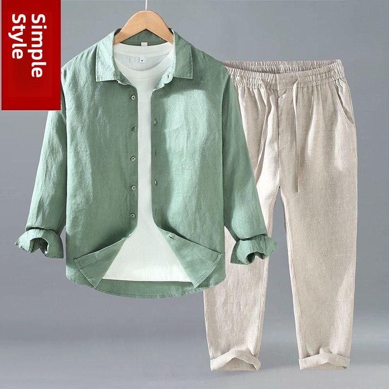Mens Linen Shirt Long Sleeve - ชุดเสื้อเชิ้ตแขนสั้นและกางเกงขายาวผ้าลินินหลวมๆ สำหรับผู้ชาย ชุดสองชิ้น สวมใส่สบาย ระบายอากาศได้ดี เหมาะสำหรับหนุ่มๆ