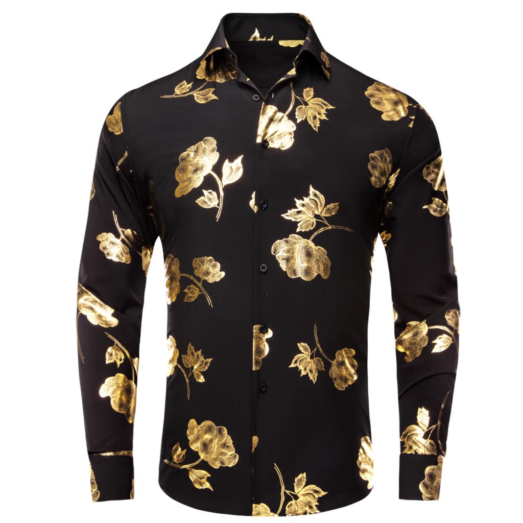 เสื้อเชิ๊ตผู้ชายผ้าไหมสีดำทองเ - Mens Satin Silk Dress Shirt บทวิจารณ์และราคา