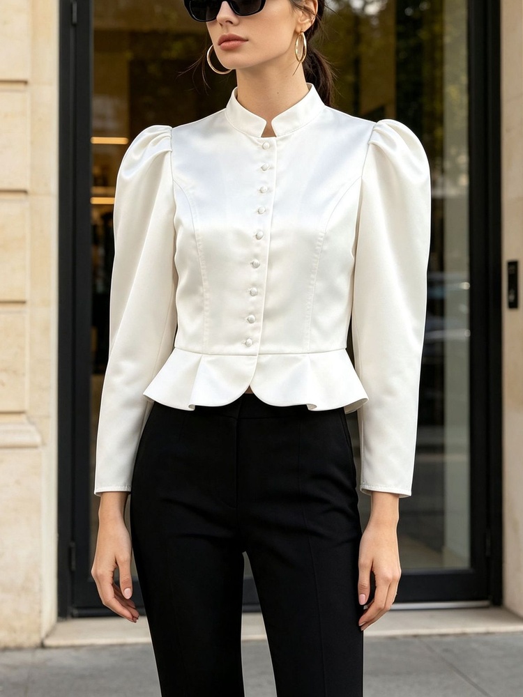 เสื้อเบลาส์ทรงเปปลัม แขนยาว ไห - Mandarin Collar Formal Shirt Slim Fit บทวิจารณ์และราคา