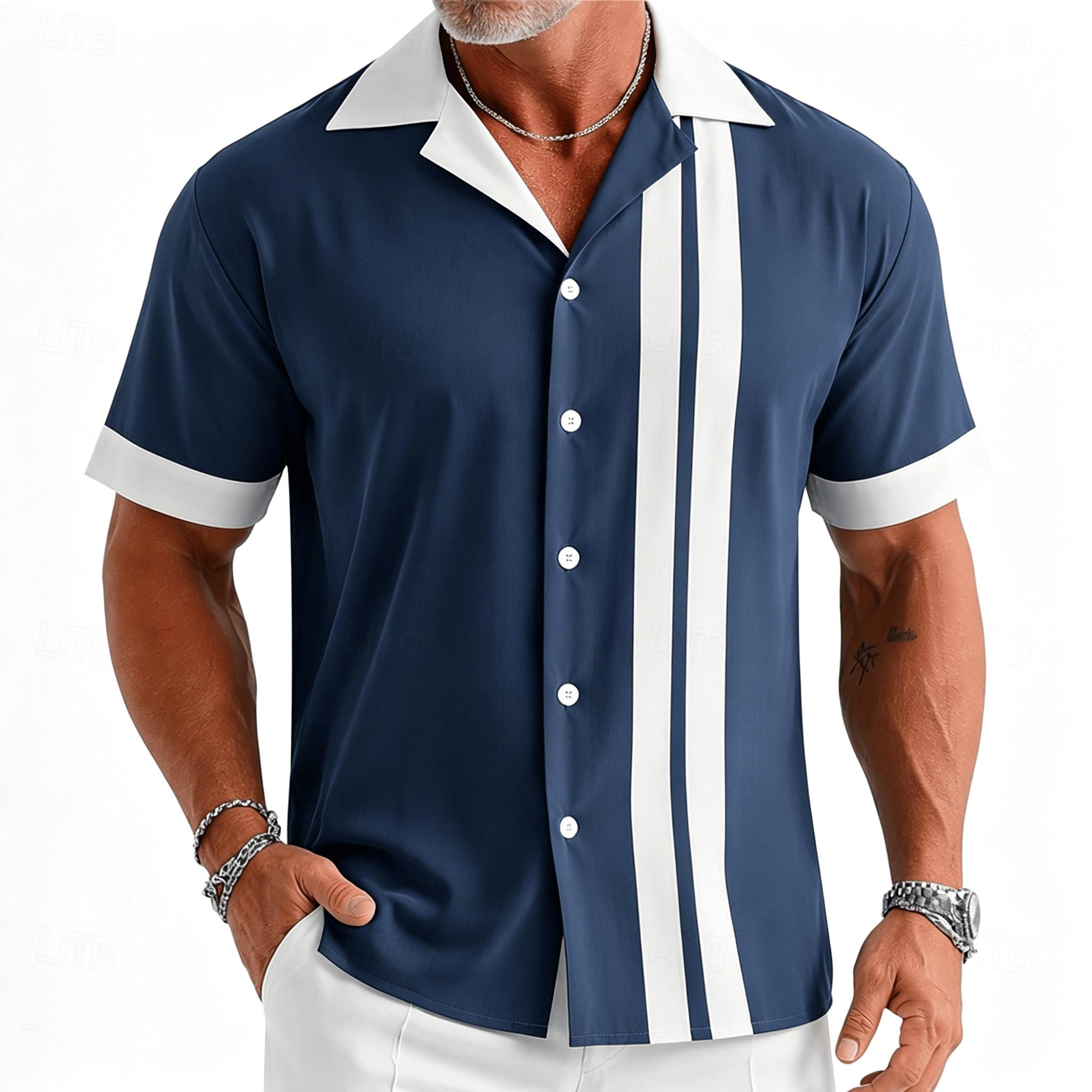 เสื้อเชิ้ตแขนสั้นลายทางสีน้ำเง - Short Sleeve Bowling Shirt Retro บทวิจารณ์และราคา