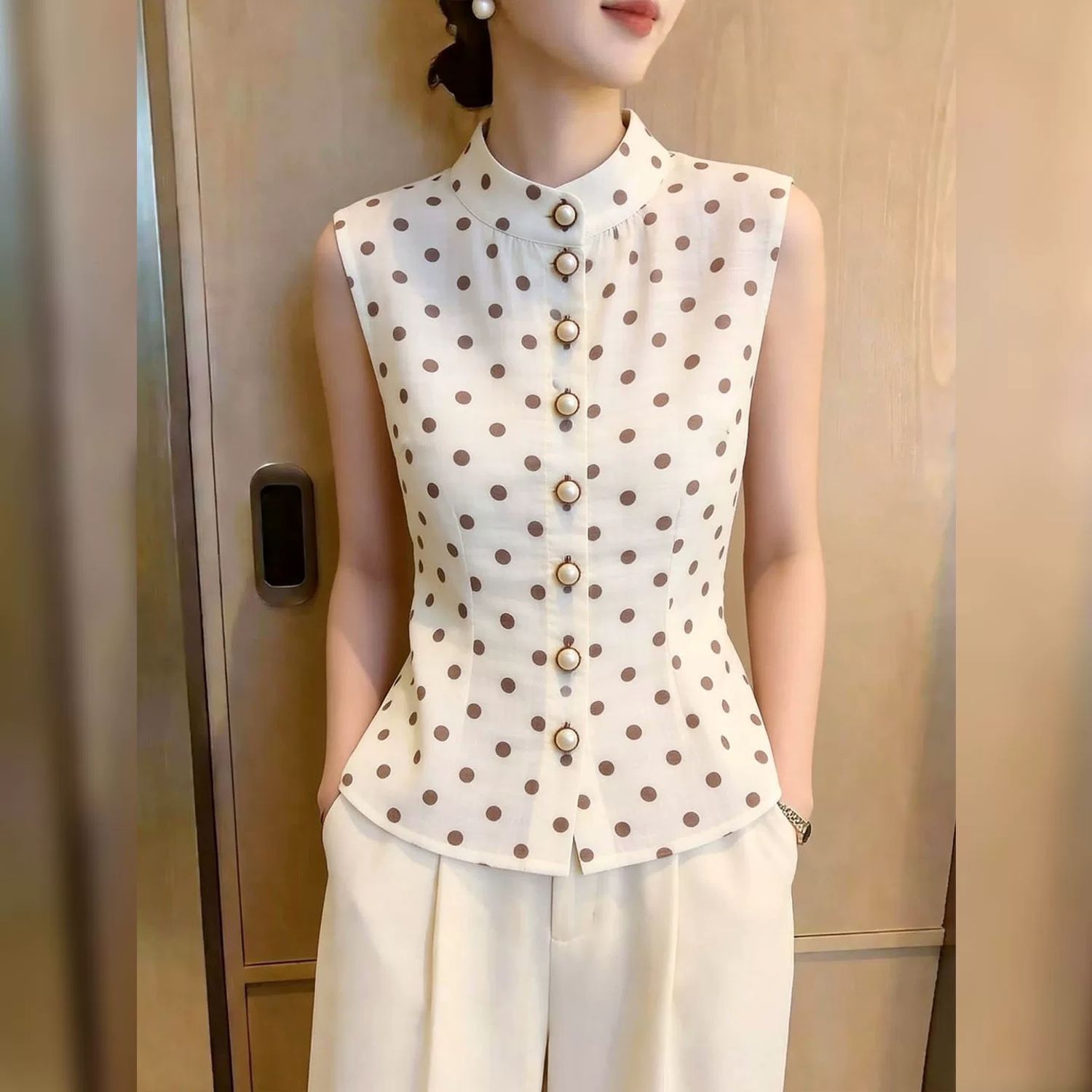 เสื้อเชิ้ตแขนกุดลายจุด คอจีน ต - Mandarin Collar Formal Shirt Slim Fit บทวิจารณ์และราคา